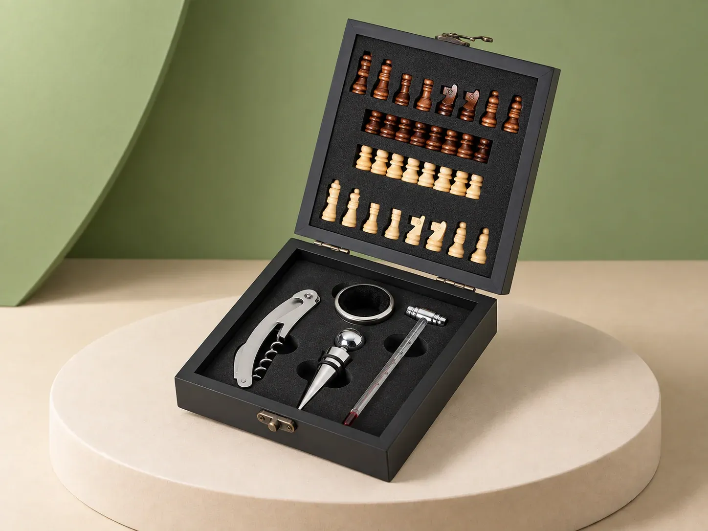 Kit vinho 4 peças com xadrez, na cor preto, sem personalização: caixa preta com tampa articulada que guarda peças de xadrez claras e escuras e, na base, saca-rolhas, anel corta-gotas, tampa de garrafa e termômetro