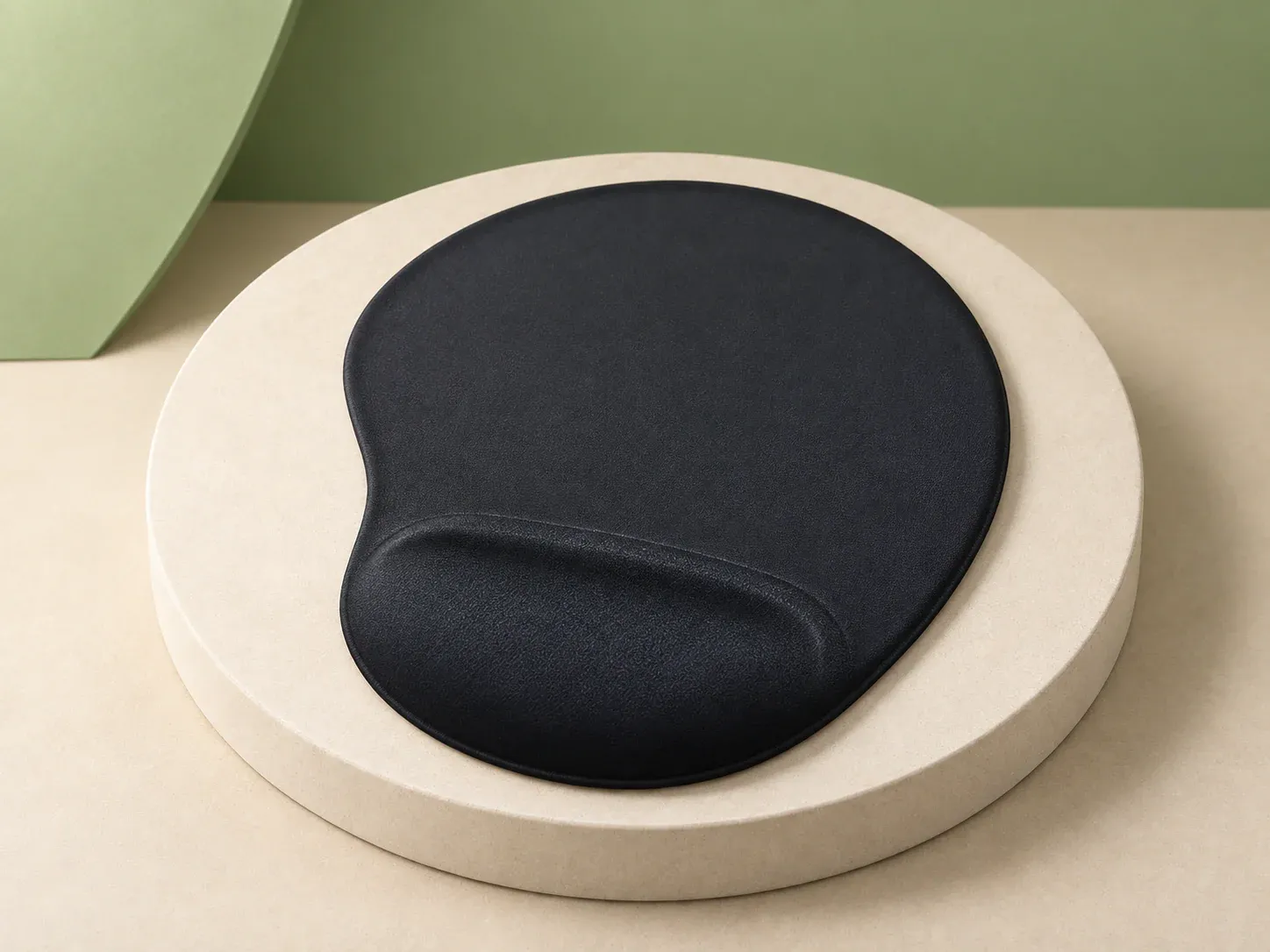 Mouse pad ergonômico com apoio de punho, na cor preto, sem personalização: mousepad preto de cantos arredondados com apoio de punho elevado