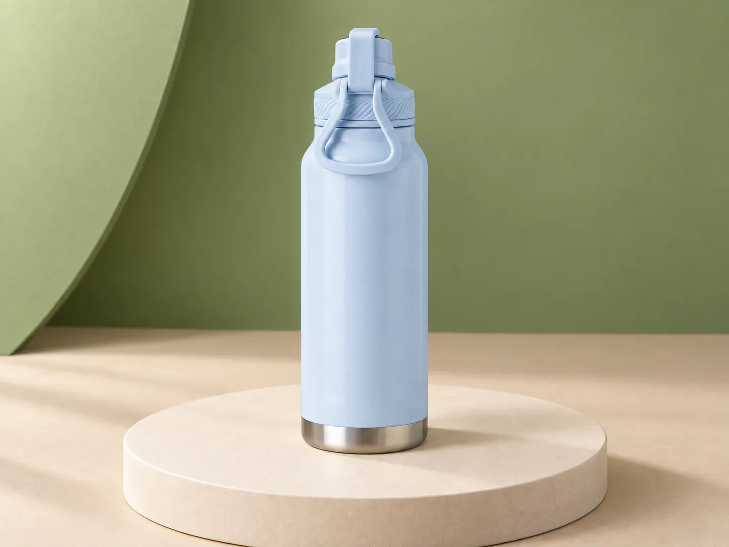 Garrafa inox 950 ml de parede dupla, na cor azul-claro, sem personalização: garrafa azul-clara fosca com tampa de bico articulada, alça em arco na tampa e base metálica