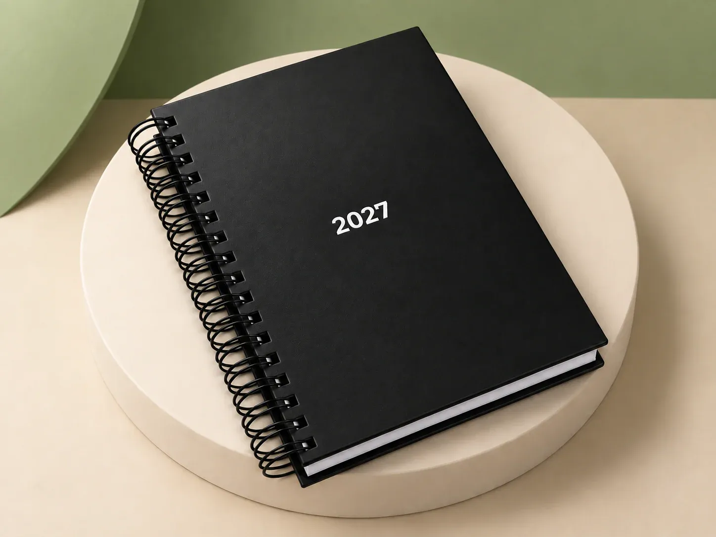 Agenda preta com espiral, na cor preto, sem personalização: agenda de capa dura preta com espiral preta na lateral e o ano 2027 em branco na capa