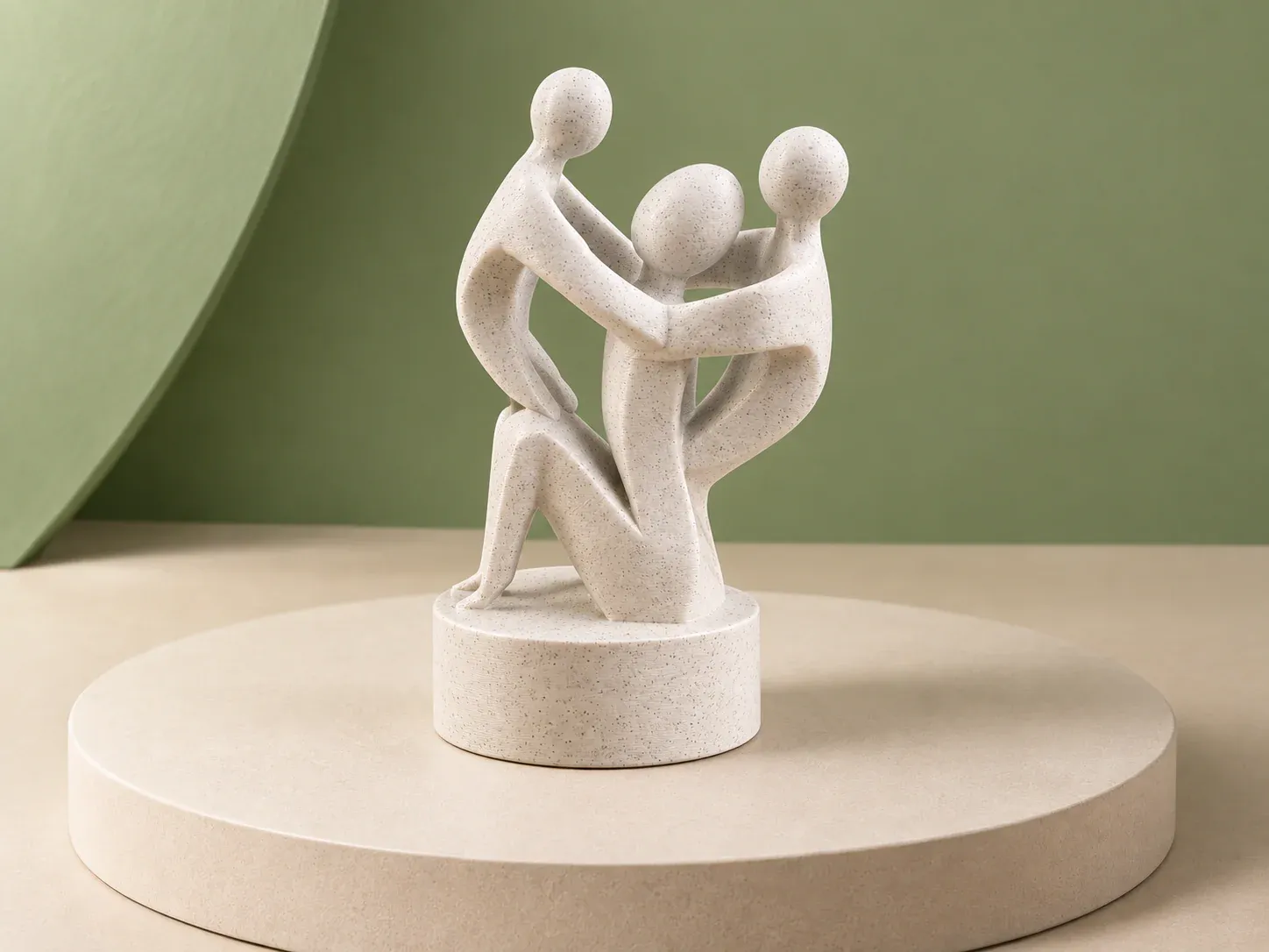 Escultura de família sobre base, na cor bege, sem personalização: escultura bege salpicada de três figuras estilizadas abraçadas, formando uma família, sobre base cilíndrica