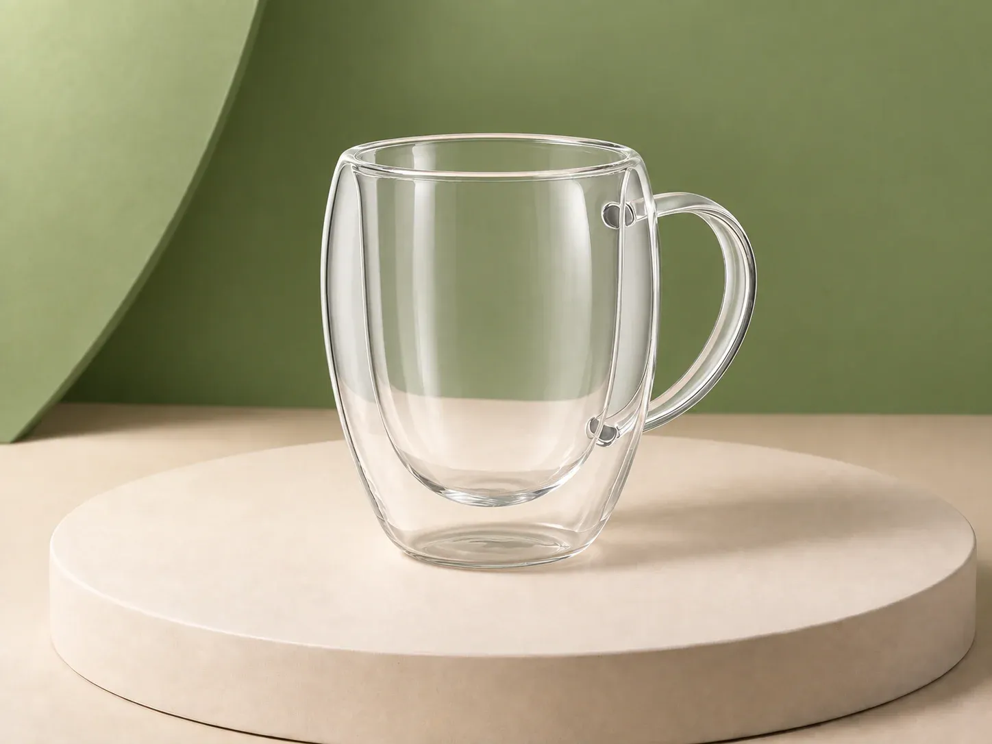 Caneca de vidro de parede dupla 350 ml, na cor transparente, sem personalização: caneca transparente de parede dupla, formato arredondado e alça em arco presa por dois pontos