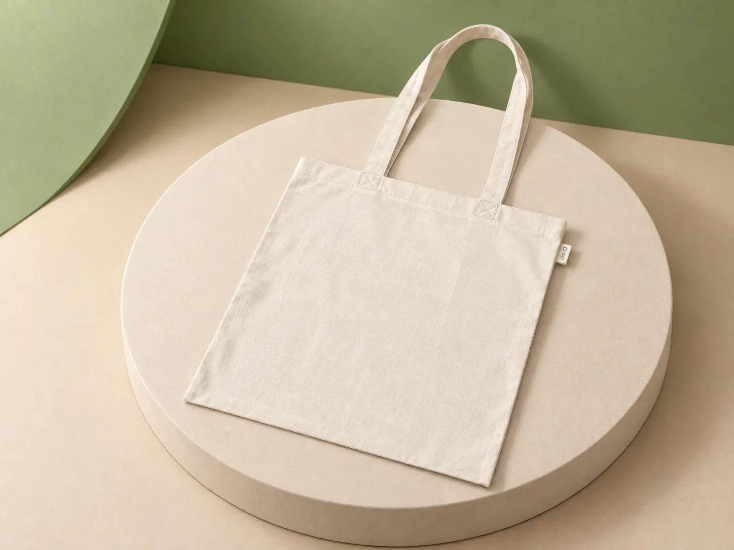 Sacola de algodão reciclado 140 g/m², na cor cru, sem personalização: sacola cor cru de alças longas, deitada sobre o pedestal, com pequena etiqueta na costura lateral
