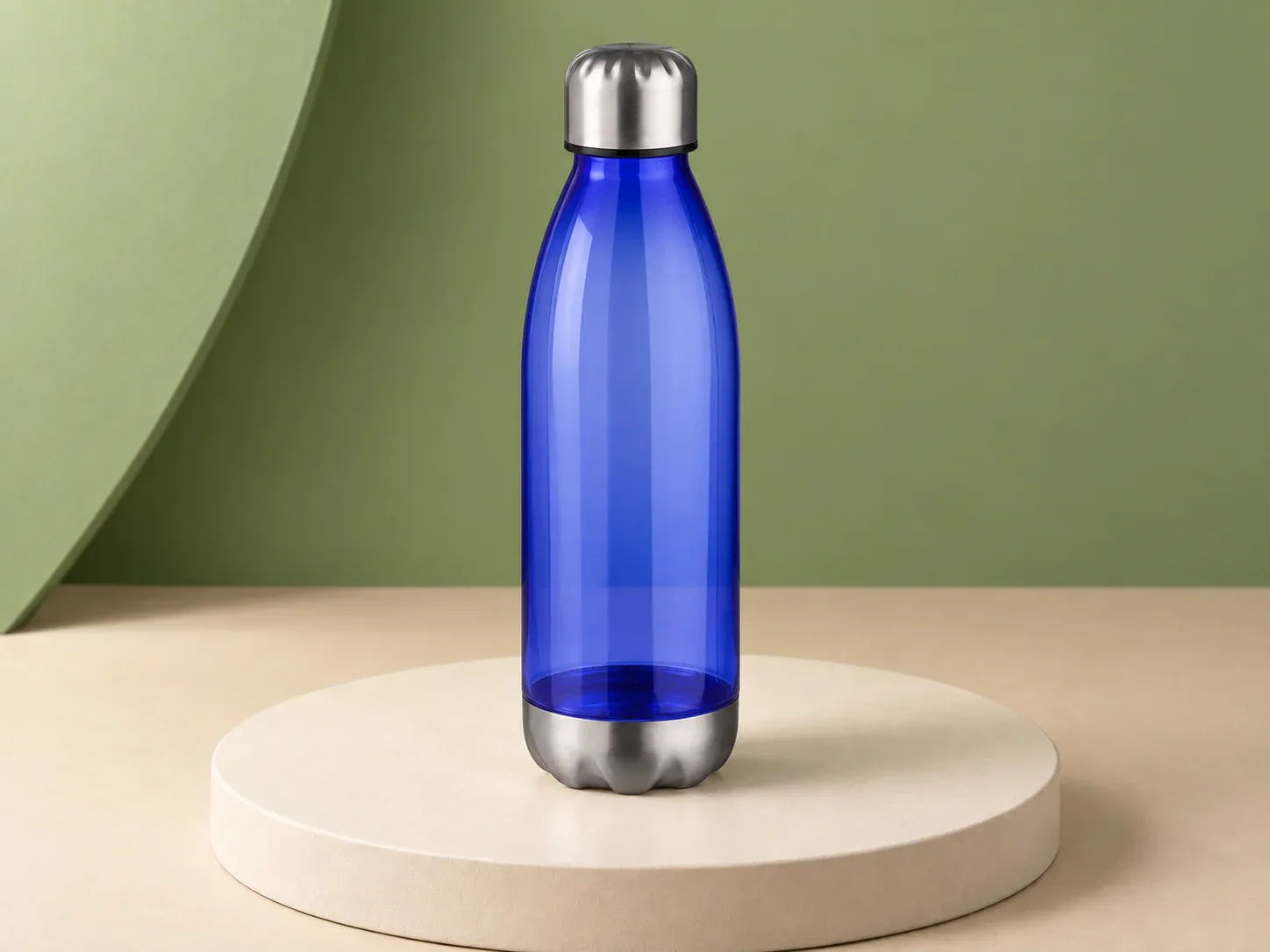 Garrafa azul translúcida 700 ml, na cor azul, sem personalização: garrafa azul royal translúcida de gargalo curvo com tampa metálica e base metálica com relevo