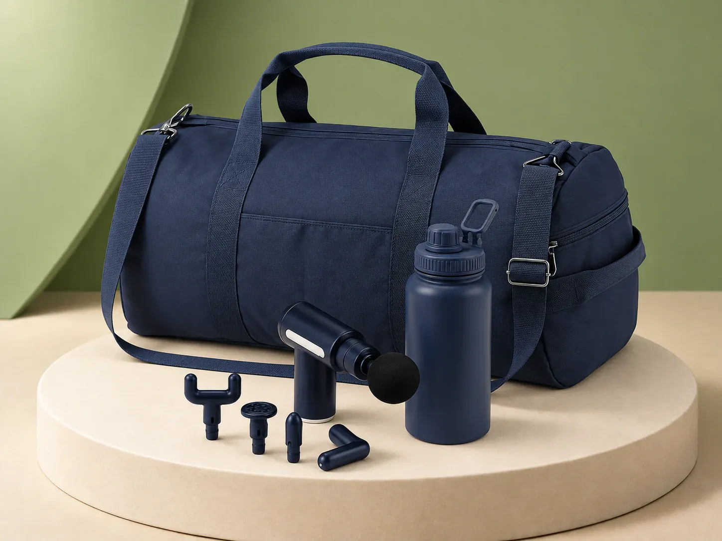 Kit esportivo com bolsa, garrafa térmica inox e massageador portátil, sem personalização