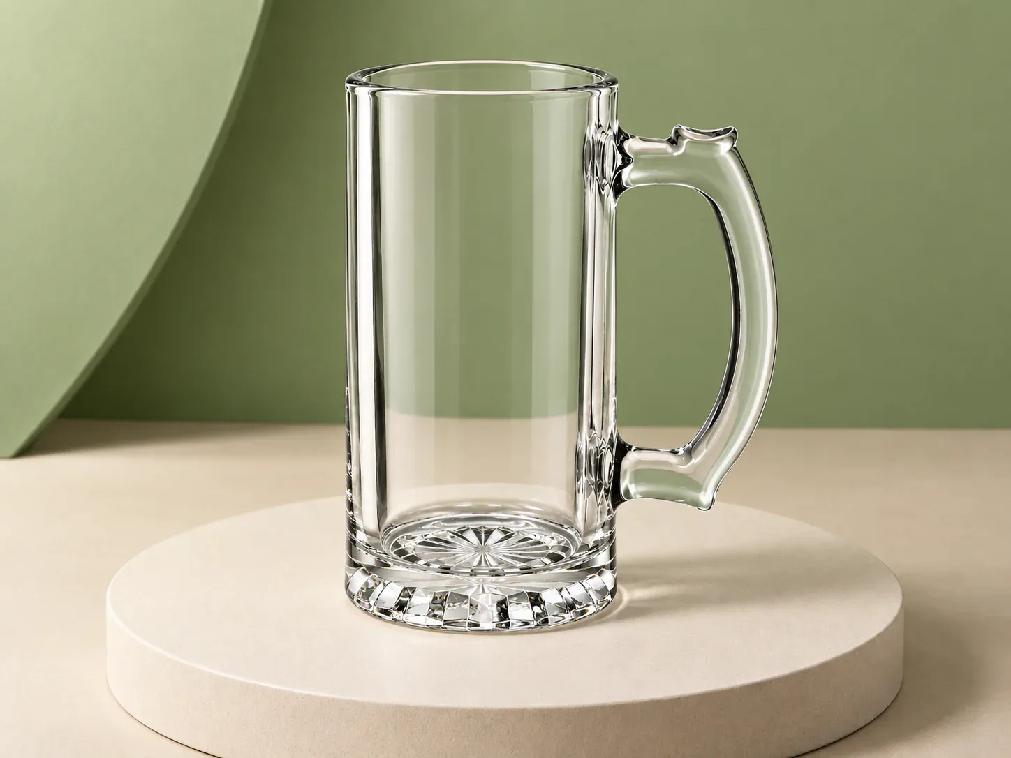 Caneca de chope de vidro 460 ml, na cor transparente, sem personalização: caneca de chope transparente de corpo reto, alça grossa curva e fundo espesso com relevo em estrela