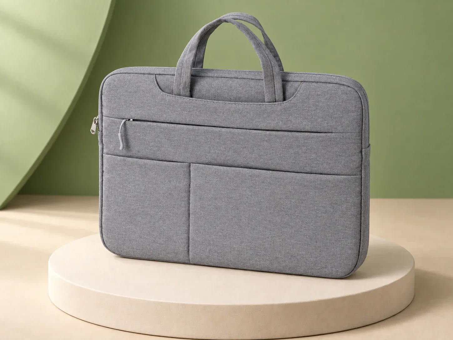Pasta para notebook 15″, na cor cinza, sem personalização: pasta cinza mesclada com duas alças de mão, bolso frontal superior com zíper e dois bolsos inferiores