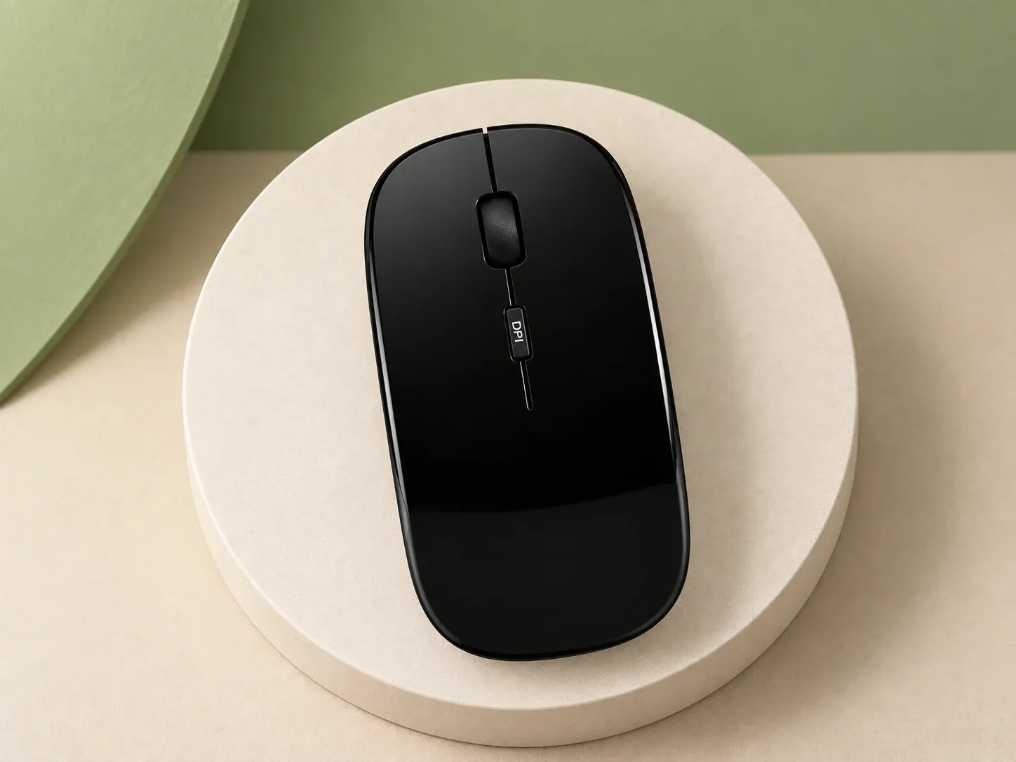 Mouse preto com botão DPI, na cor preto, sem personalização: mouse preto brilhante de perfil baixo com roda de rolagem e botão DPI no centro