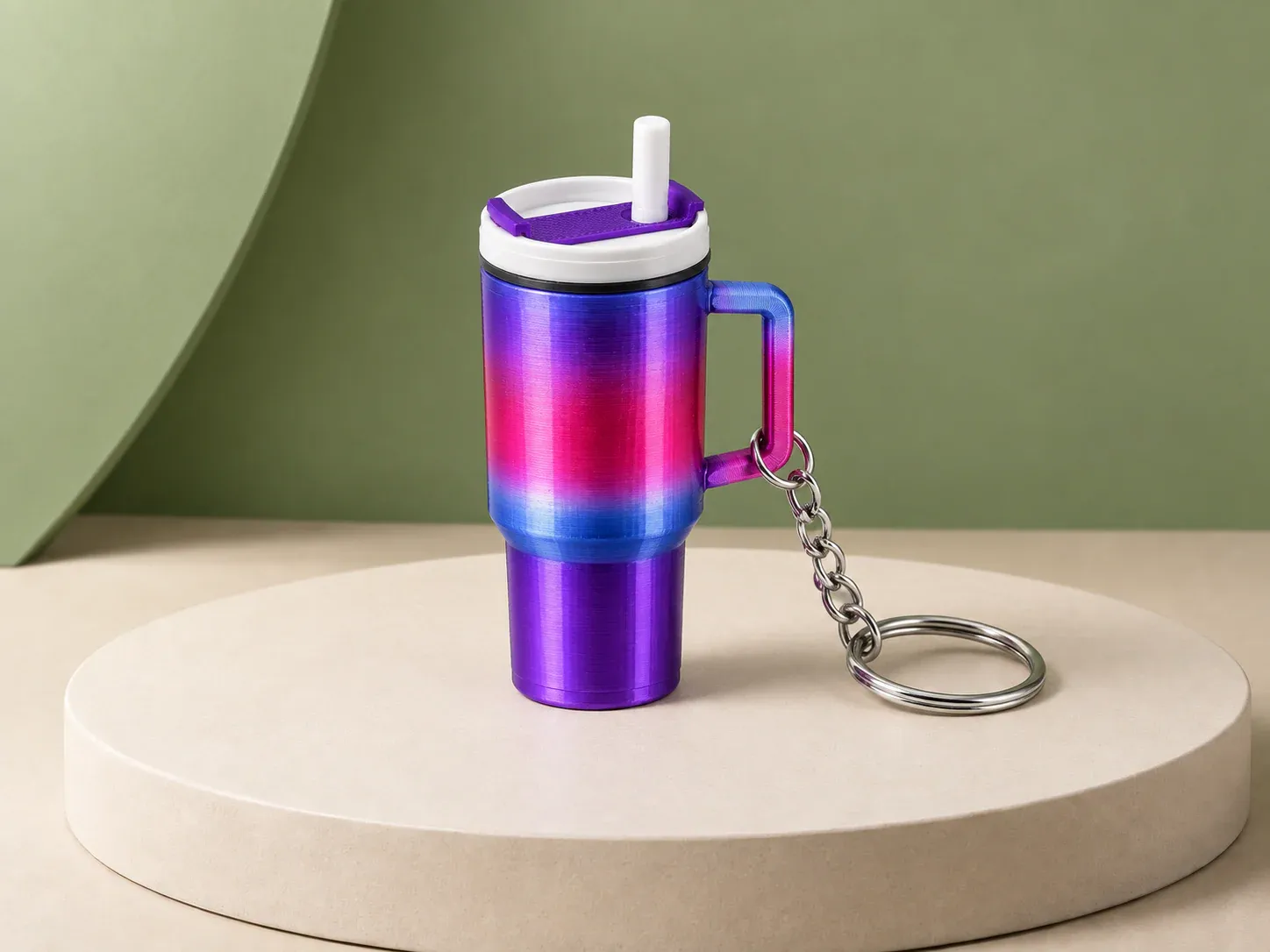 Chaveiro mini copo porta-protetor labial, sem personalização: chaveiro em forma de mini copo com alça, tampa branca e roxa com canudo e corpo em degradê roxo, rosa e azul, que guarda um batom