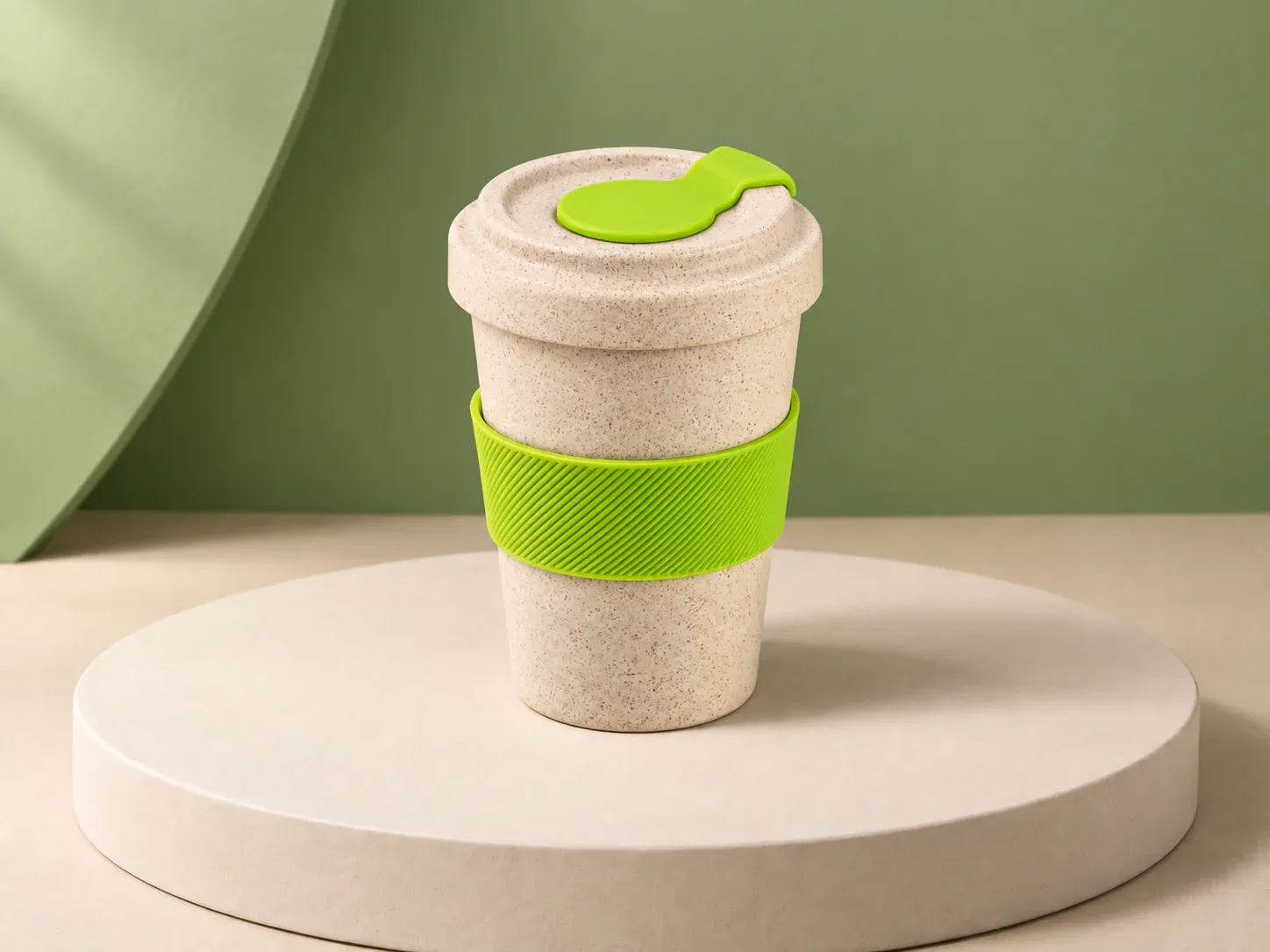 Copo de fibra de bambu 500 ml com tampa, na cor verde-lima, sem personalização: copo bege de textura salpicada com cinta canelada e tampa com aba flip, nas partes coloridas em verde-lima