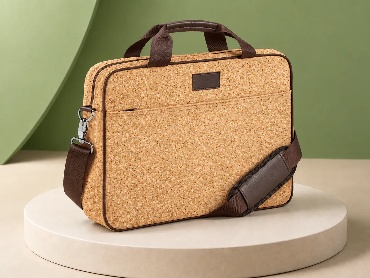 Pasta de cortiça para notebook 15,6″, na cor caramelo, sem personalização: pasta para notebook caramelo texturizada com vivo marrom, bolso frontal com zíper, alças de mão marrons e alça tiracolo com ombreira