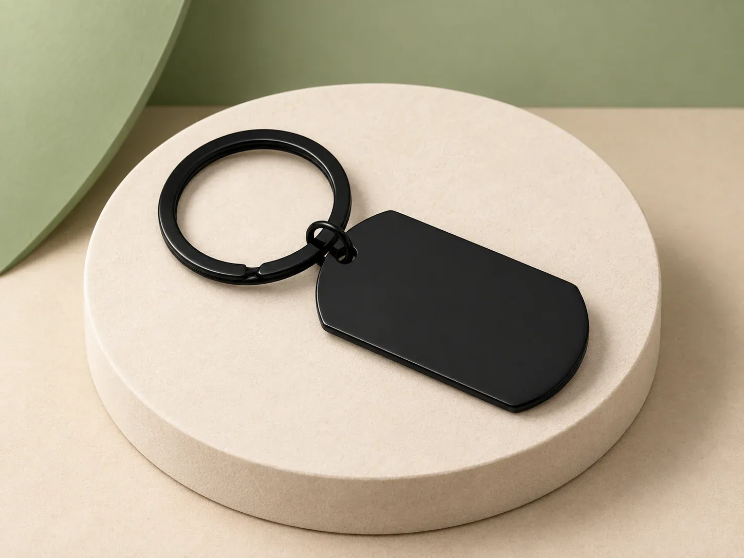 Chaveiro plaqueta estilo militar, na cor preto, sem personalização: chaveiro com placa retangular de cantos chanfrados, estilo plaqueta militar, e argola da mesma cor