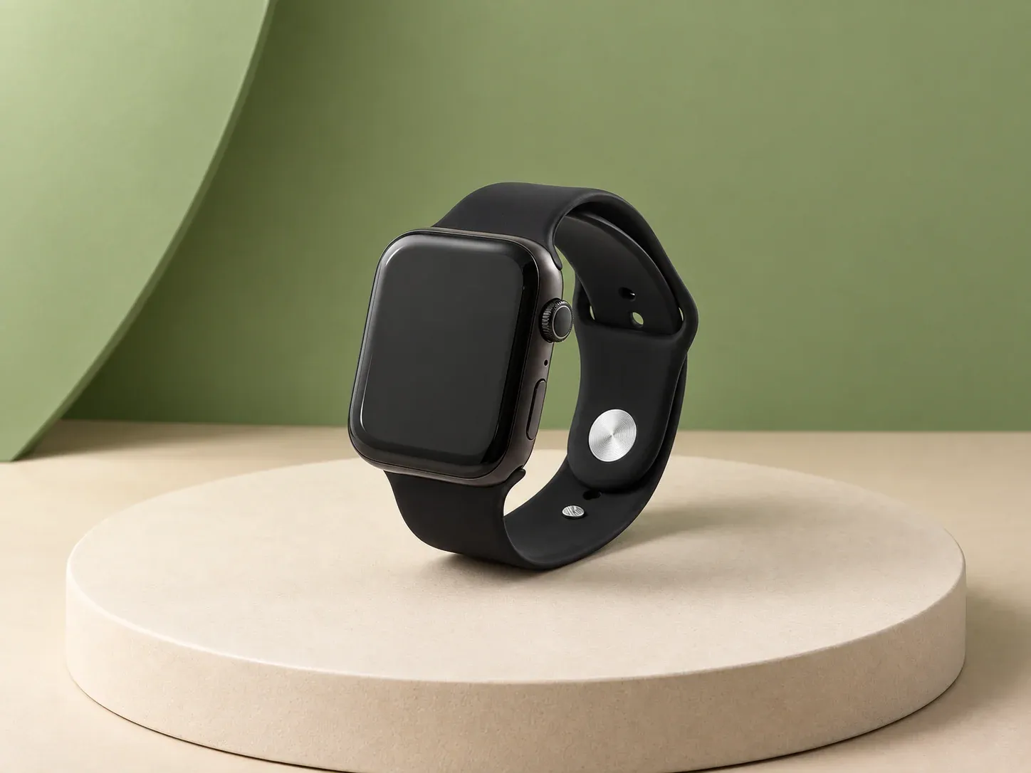 Smartwatch com tela de 1,85″, na cor preto, sem personalização: relógio de pulso com caixa quadrada escura, tela preta, coroa e botão laterais e pulseira preta com pino metálico