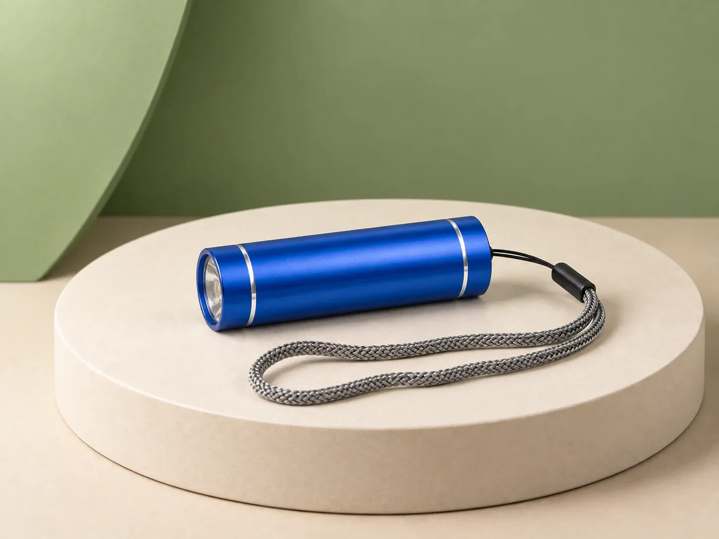 Lanterna de alumínio com cordão, na cor azul, sem personalização: lanterna cilíndrica curta azul com frisos metálicos nas pontas e cordão de pulso cinza trançado