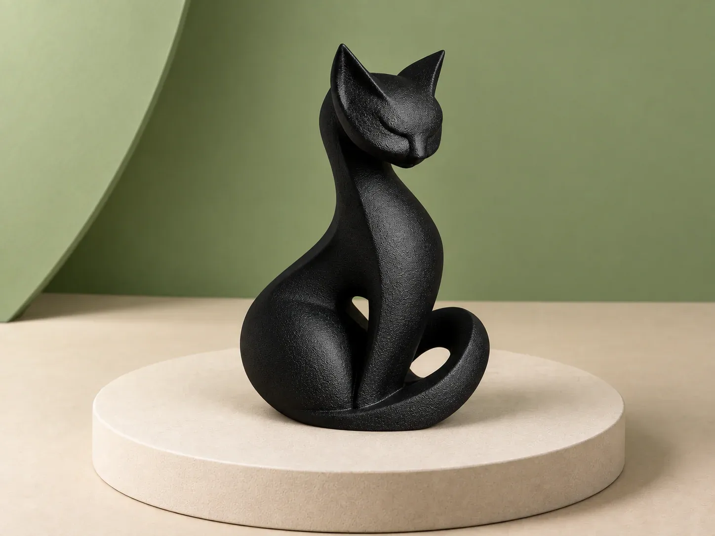 Gato decorativo, na cor preto, sem personalização: gato preto estilizado sentado, de olhos fechados, com a cauda enrolada formando um laço na base