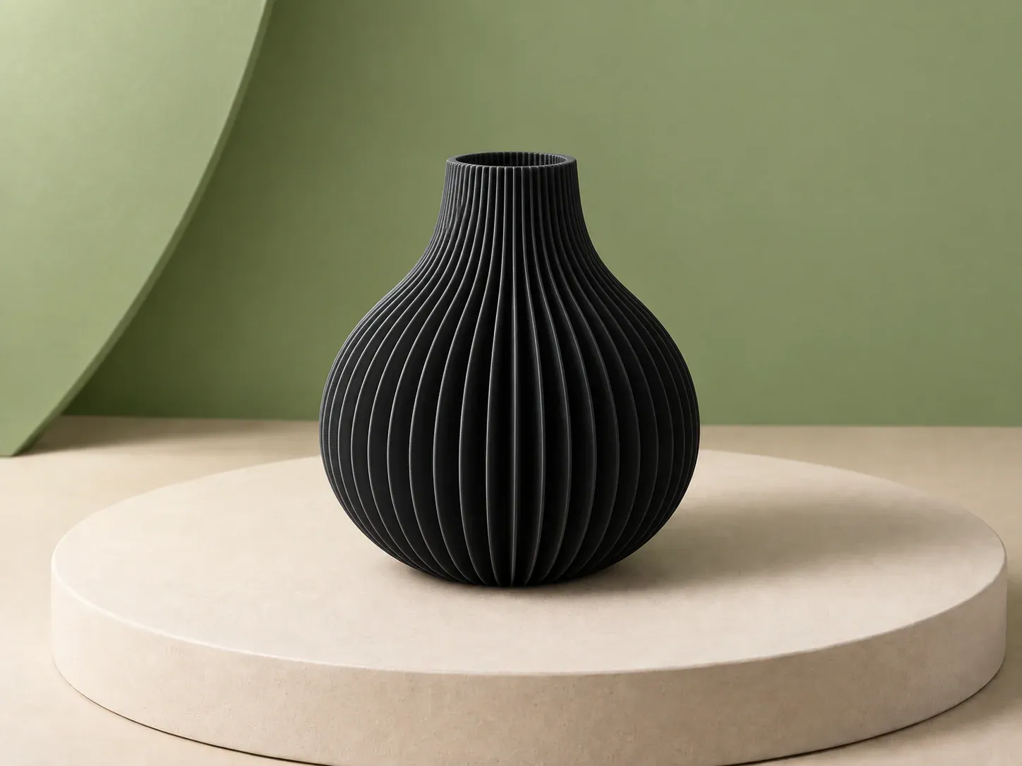 Vaso gota com frisos verticais, na cor preto, sem personalização: vaso bojudo em formato de gota, com frisos verticais finos e gargalo curto de boca aberta