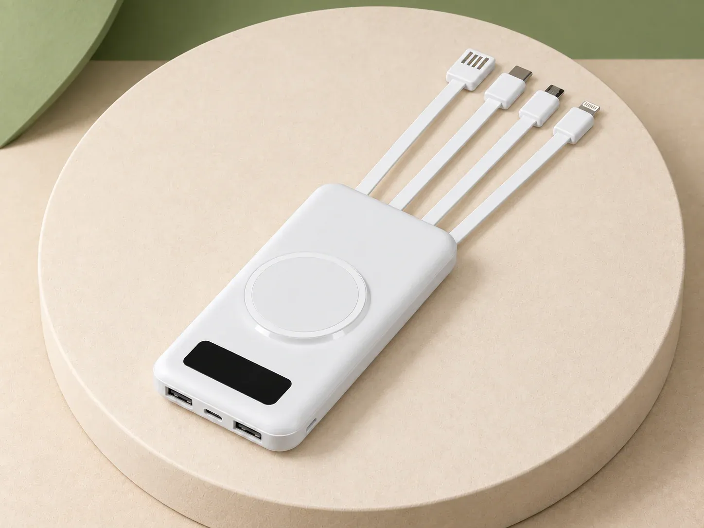 Power bank 10.000 mAh com 4 cabos e carregamento sem fio, na cor branco, sem personalização: carregador portátil branco com círculo em relevo no topo, visor preto e quatro cabos chatos com conectores diferentes