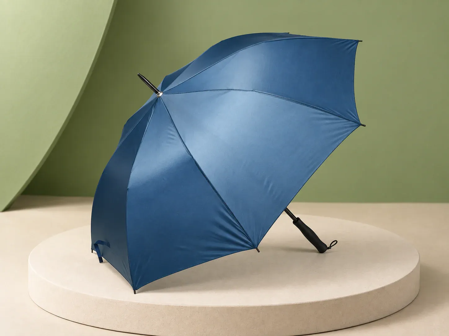 Guarda-chuva automático, na cor azul, sem personalização: guarda-chuva azul aberto e apoiado de lado, com ponteira preta e cabo reto preto com alça de pulso
