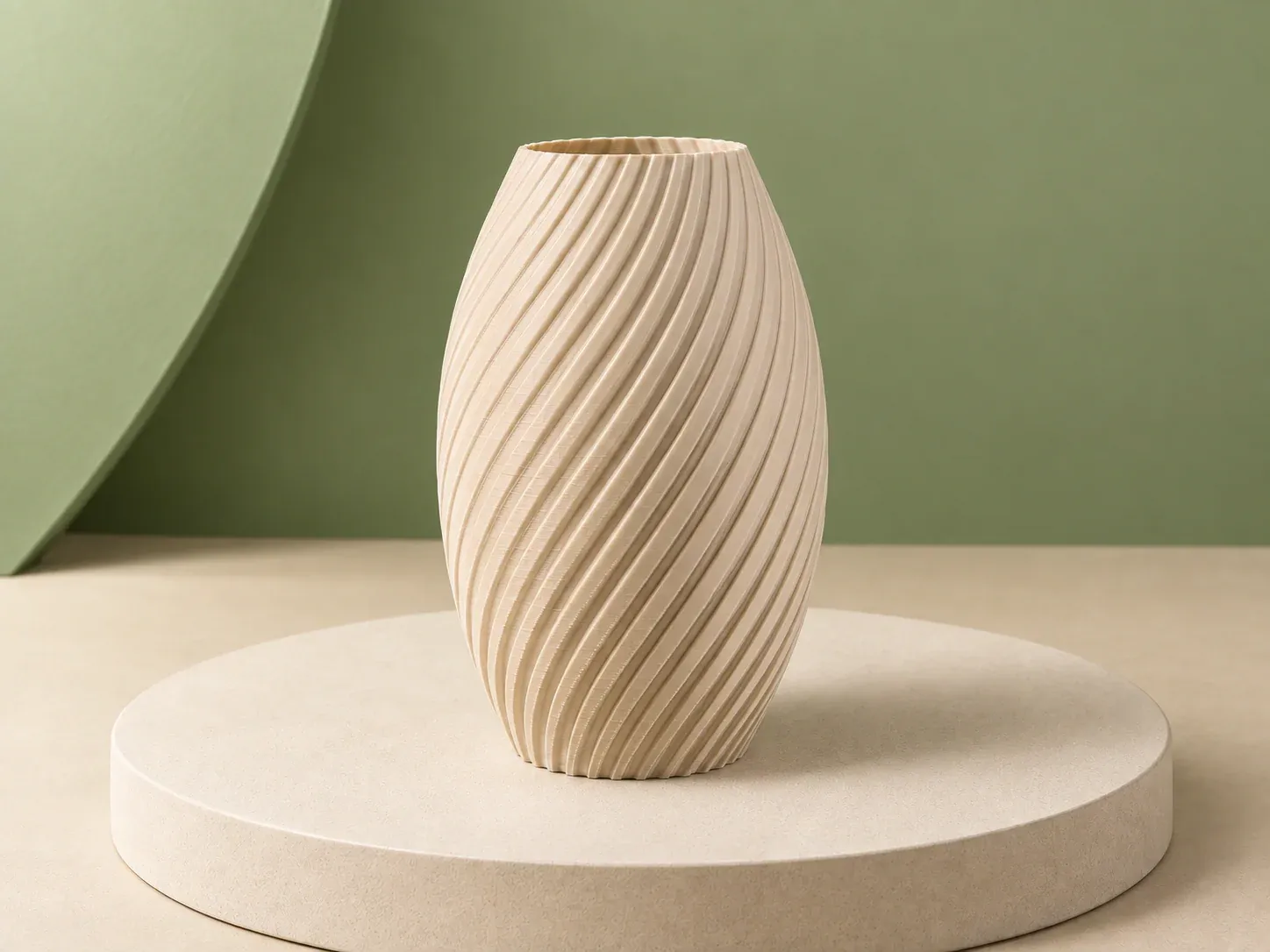 Vaso oval com frisos em espiral, na cor bege, sem personalização: vaso oval bege com frisos em espiral por todo o corpo e boca aberta