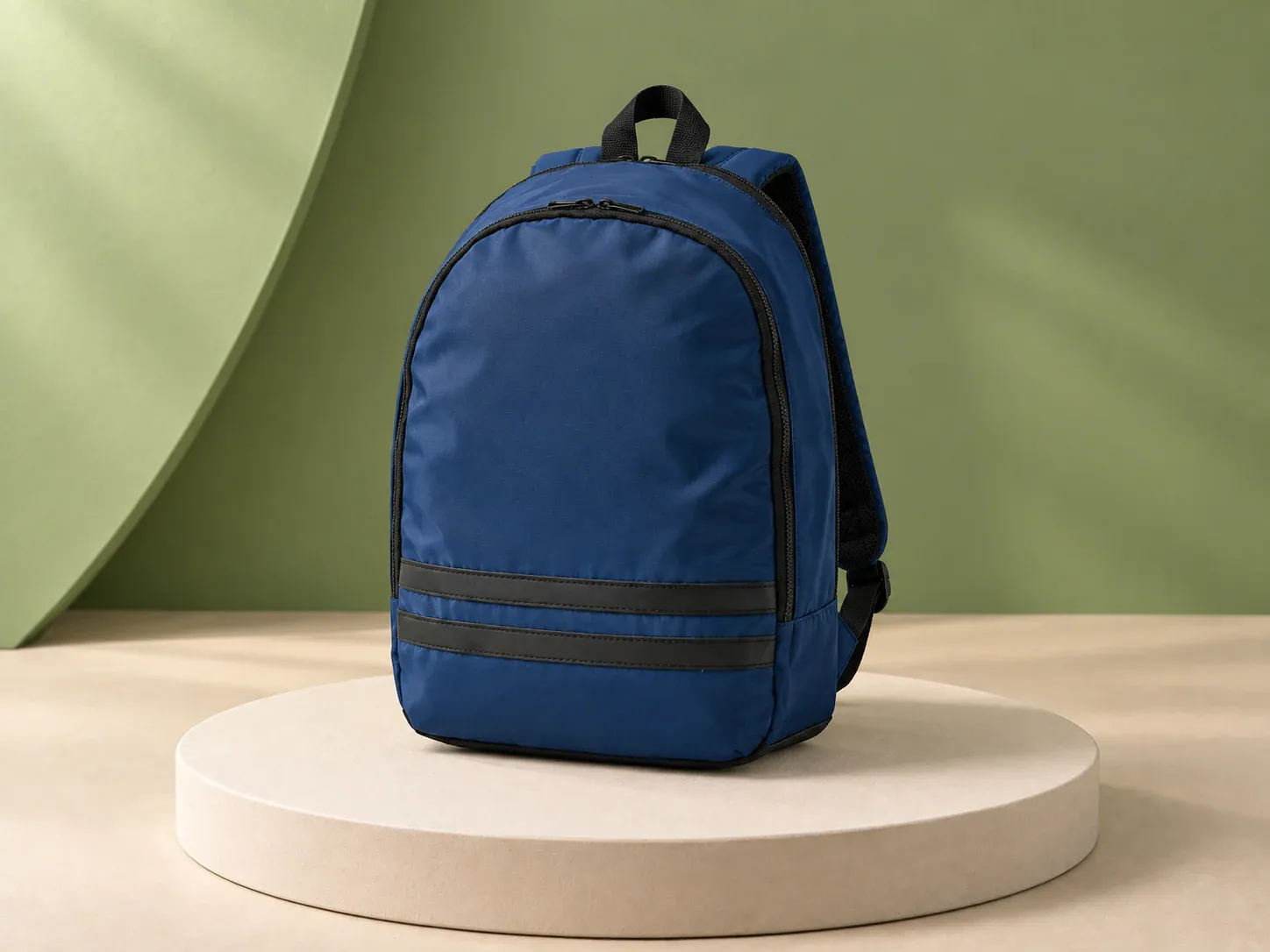 Mochila para notebook 15″ com faixas refletoras, na cor azul, sem personalização: mochila azul de frente arredondada com duas faixas pretas horizontais, zíper preto e alça de mão preta