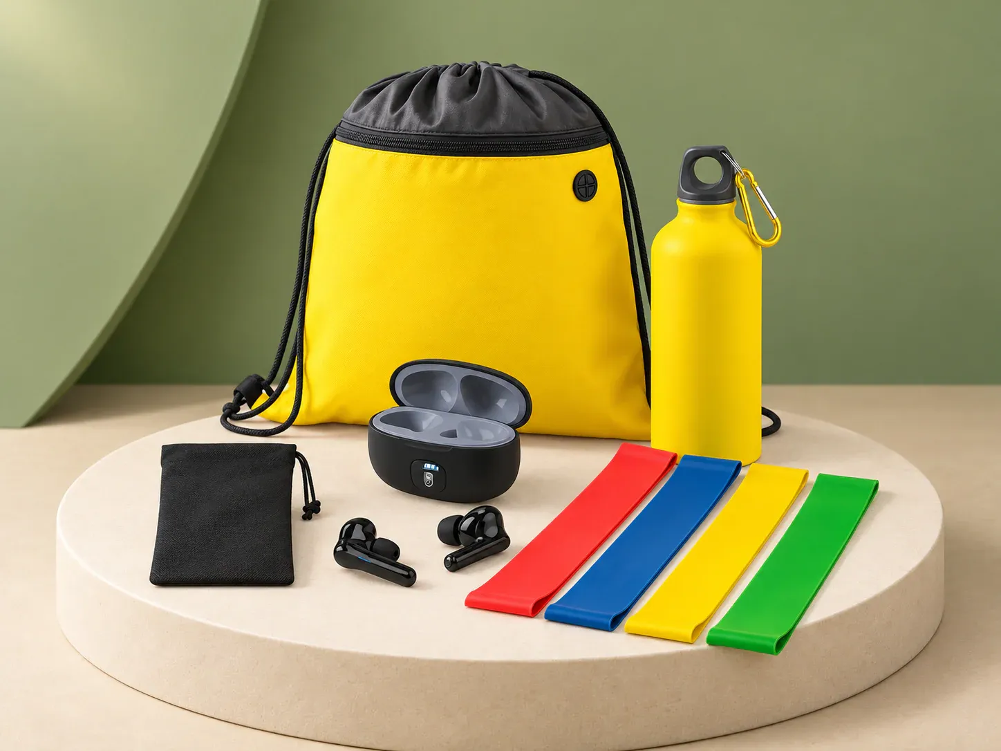 Kit fitness com mochila, squeeze, bandas elásticas e fone de ouvido wireless, sem personalização