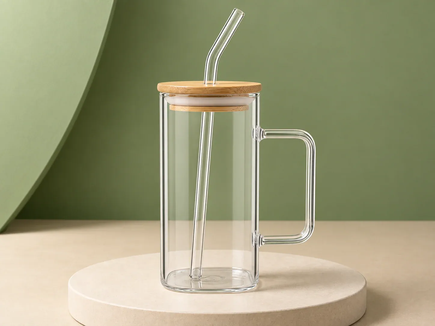 Caneca transparente com tampa e canudo, na cor transparente, sem personalização: caneca transparente de corpo quadrado com alça reta, tampa clara com anel branco e canudo curvo transparente atravessando a tampa