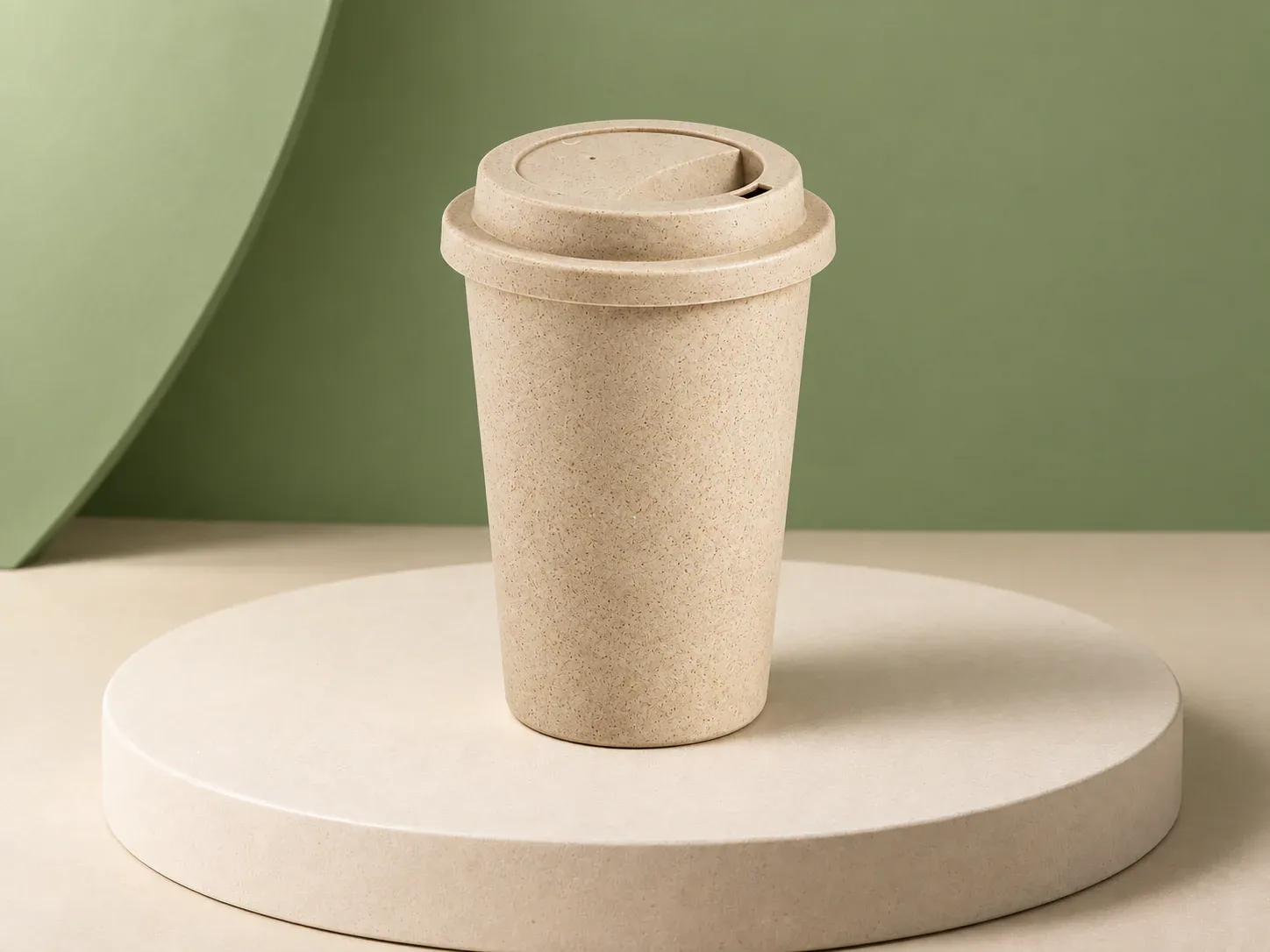 Copo de fibra de bambu 450 ml com tampa, na cor bege, sem personalização: copo cônico bege de textura salpicada com tampa de encaixe e bico para beber