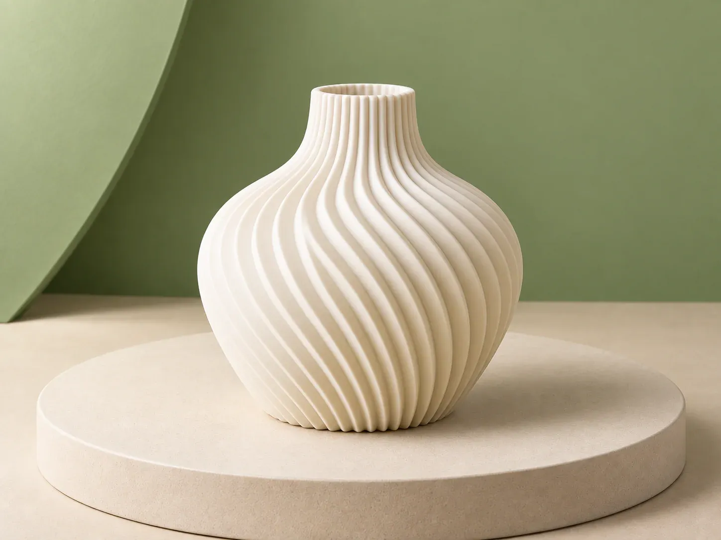 Vaso espiral arredondado, na cor creme, sem personalização: vaso bojudo creme com nervuras em espiral e gargalo curto estriado