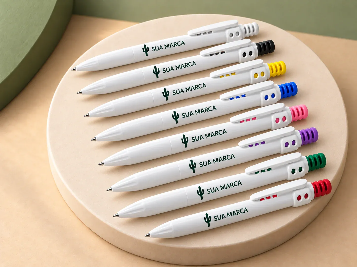 Caneta plástica, com exemplo de personalização colorida: um cacto e o texto “SUA MARCA” impressos em cor