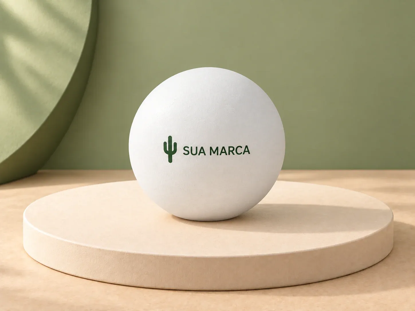 Antiestresse bola em espuma PU, com exemplo de personalização colorida: um cacto e o texto “SUA MARCA” impressos em cor