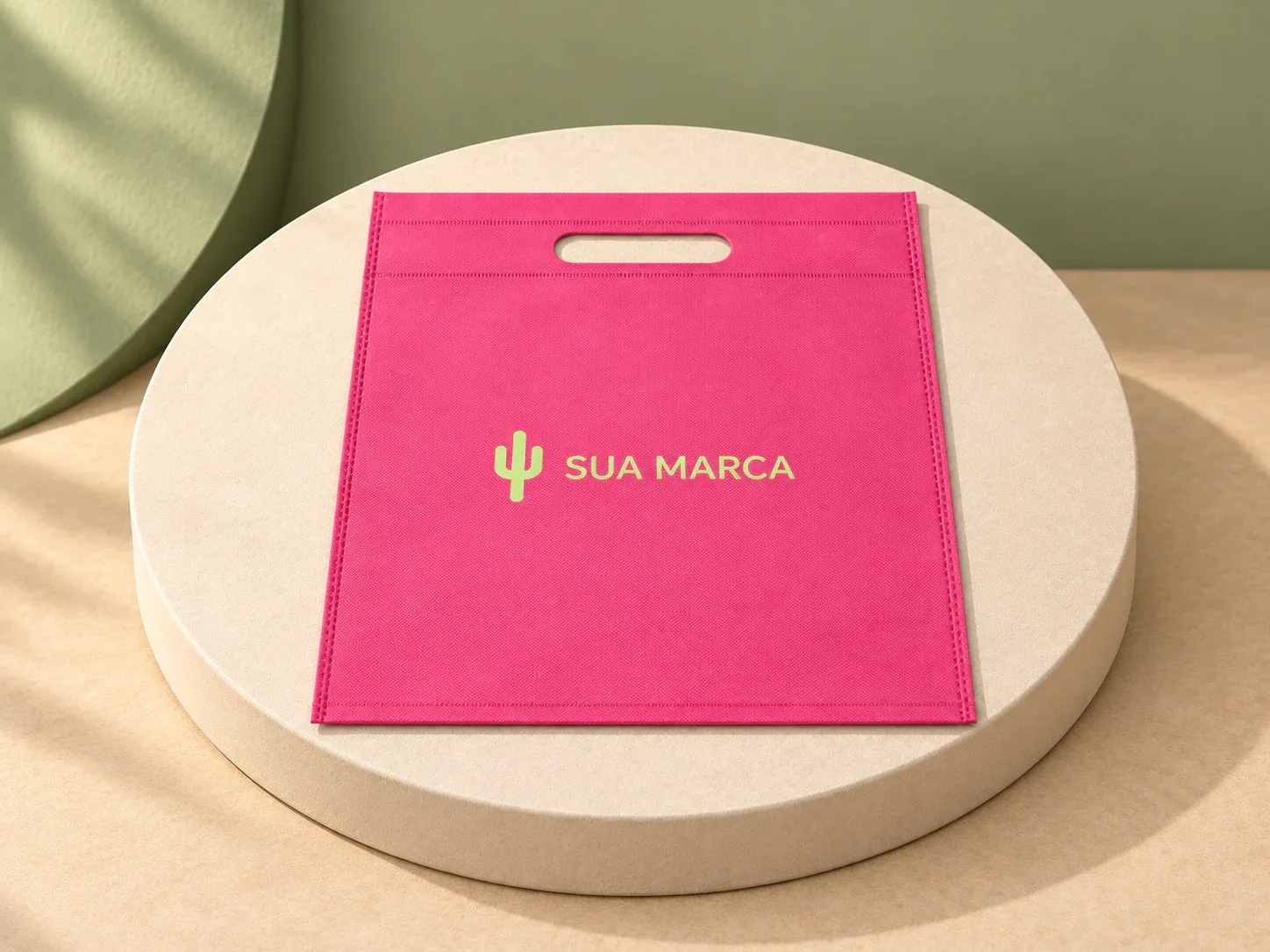 Sacola em non-woven 80 g/m² termo-selado, com exemplo de personalização colorida: um cacto e o texto “SUA MARCA” impressos em cor