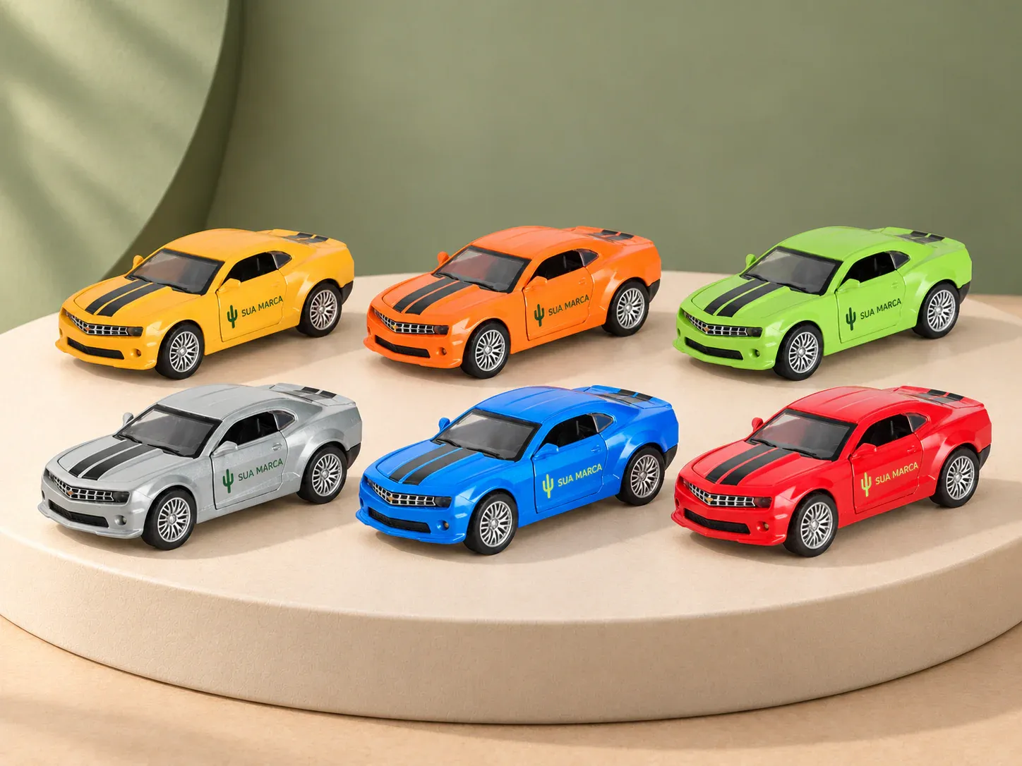 Carrinho de brinquedo em miniatura estilo cupê, com exemplo de personalização colorida: um cacto e o texto “SUA MARCA” impressos em cor