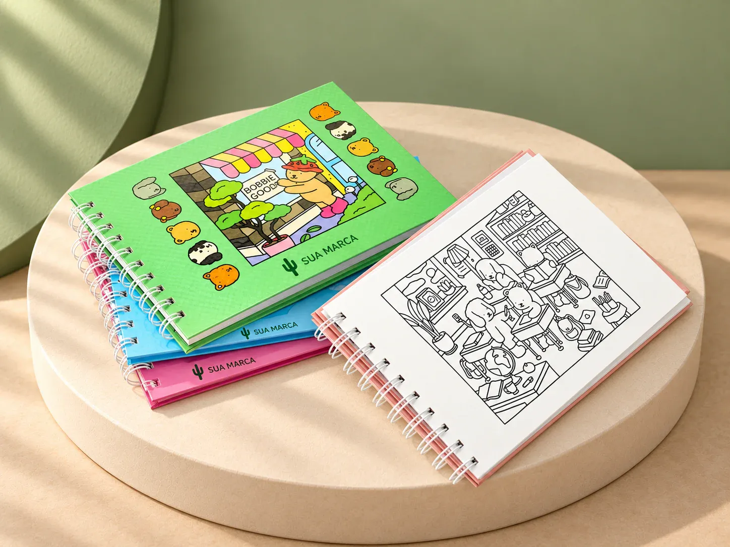 Caderno para colorir desenho animado, com exemplo de personalização colorida: um cacto e o texto “SUA MARCA” impressos em cor