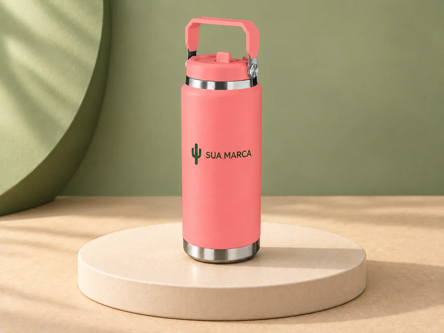 Garrafa térmica em aço inox 900 ml, com exemplo de personalização colorida: um cacto e o texto “SUA MARCA” impressos em cor
