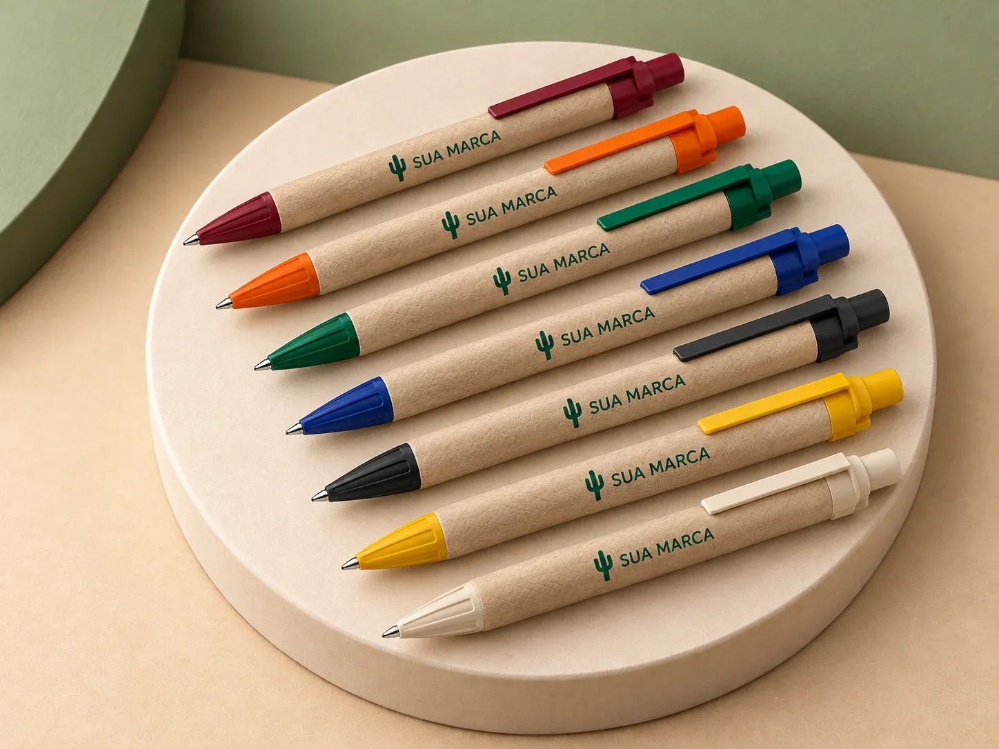 Caneta ecológica papelão, com exemplo de personalização colorida: um cacto e o texto “SUA MARCA” impressos em cor