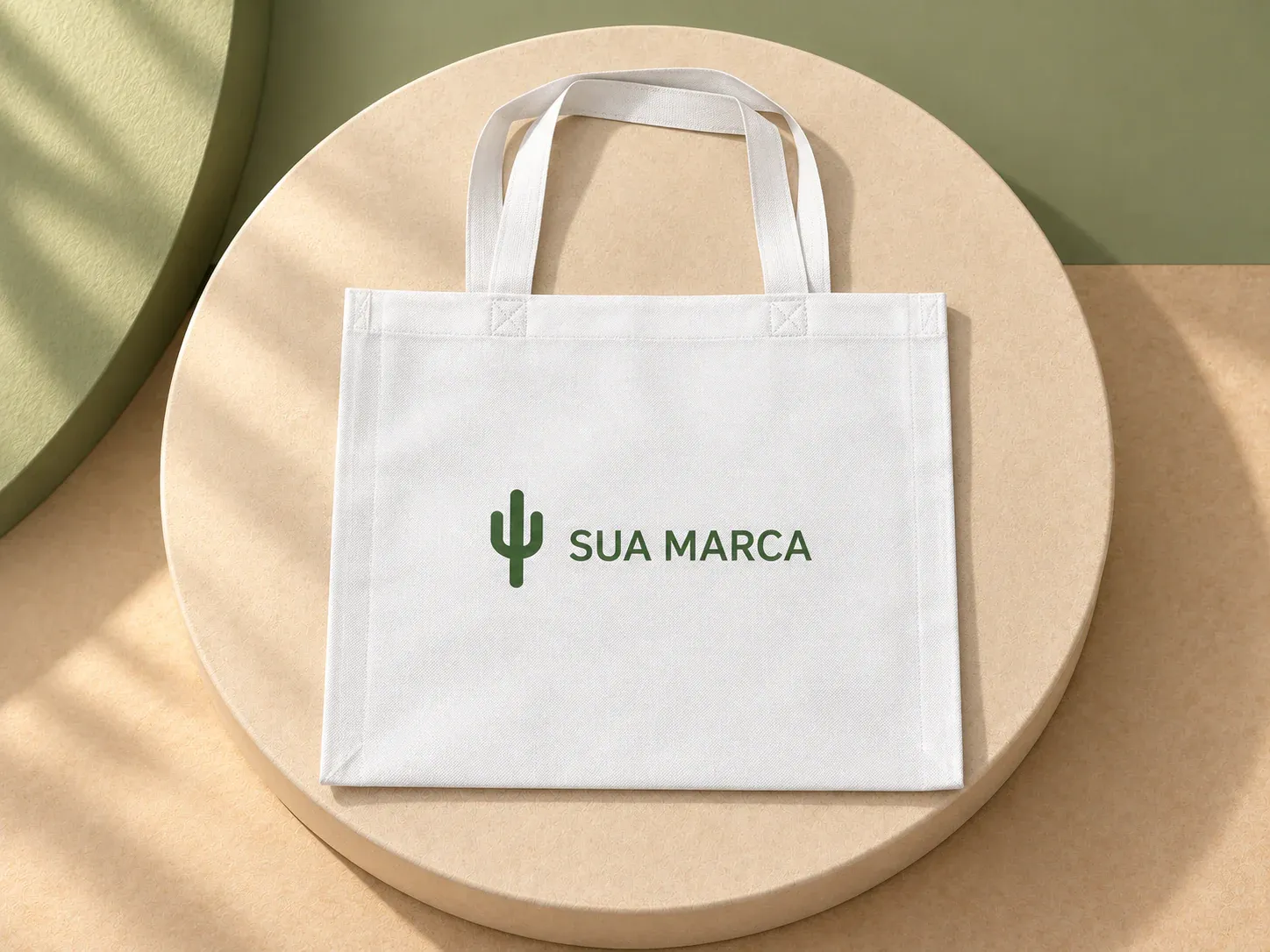 Sacola em non-woven, com exemplo de personalização colorida: um cacto e o texto “SUA MARCA” impressos em cor