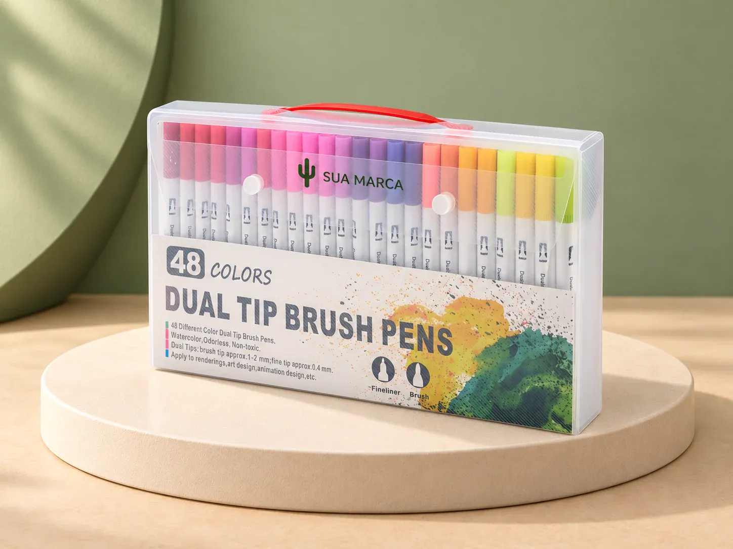 Kit canetinhas ponta dupla com 48 cores, com exemplo de personalização colorida: um cacto e o texto “SUA MARCA” impressos em cor