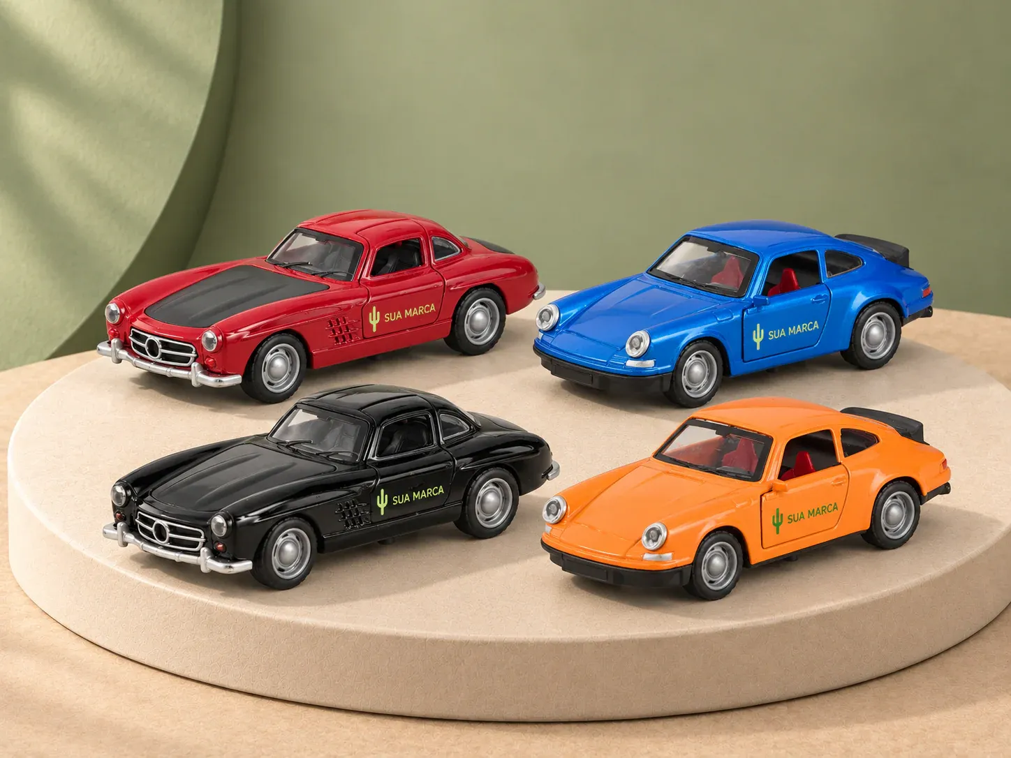 Carrinho de brinquedo em miniatura estilo esportivo com porta-malas funcional, com exemplo de personalização colorida: um cacto e o texto “SUA MARCA” impressos em cor