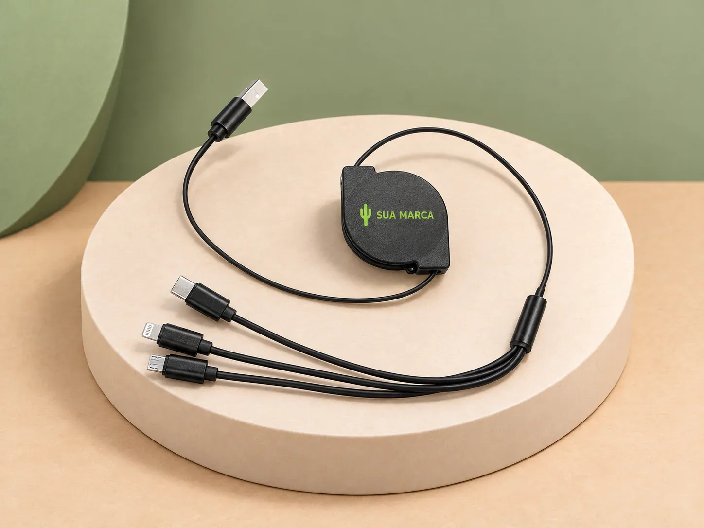 Cabo USB retrátil 3 em 1, com exemplo de personalização colorida: um cacto e o texto “SUA MARCA” impressos em cor