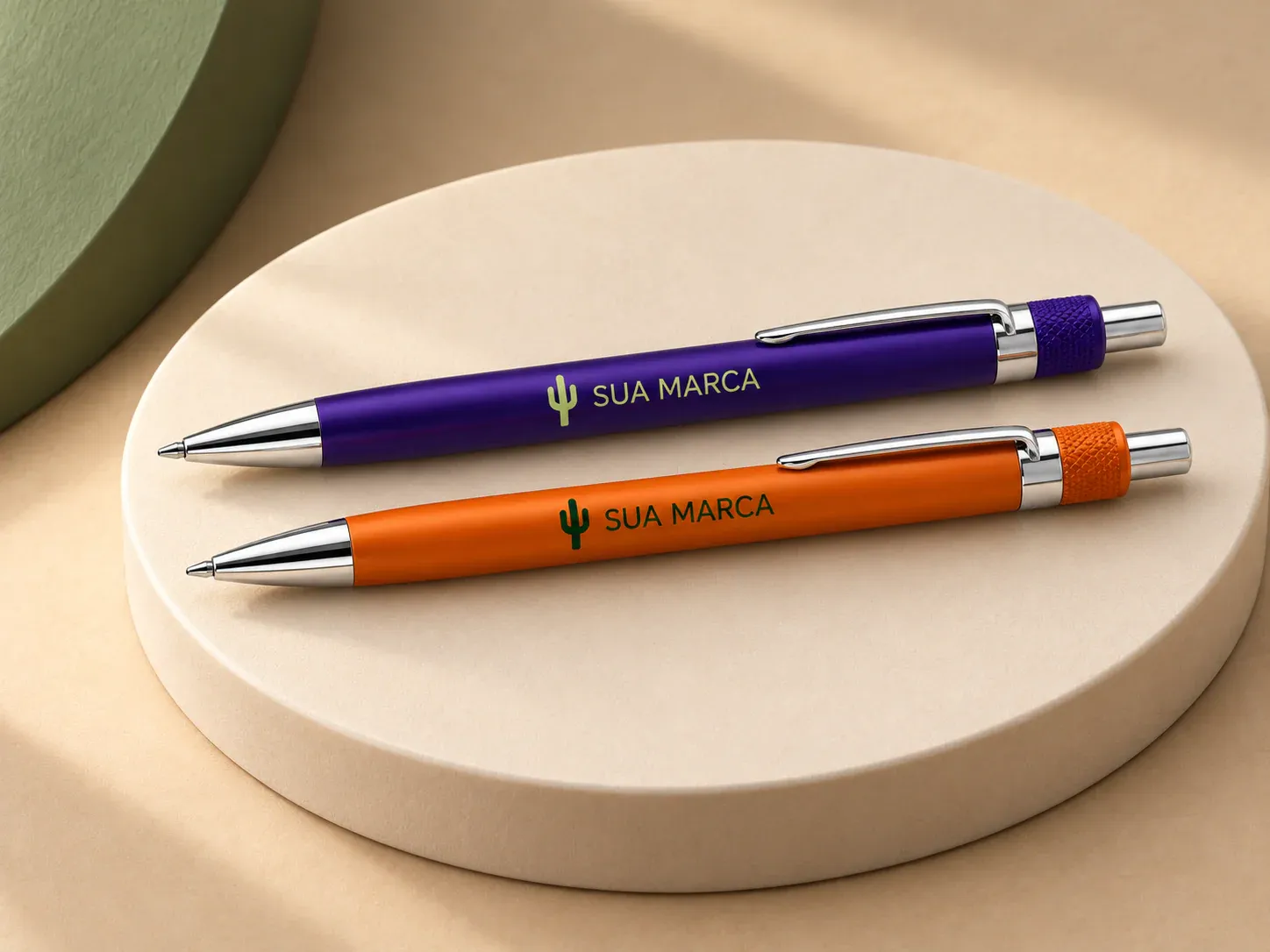 Caneta plástica, com exemplo de personalização colorida: um cacto e o texto “SUA MARCA” impressos em cor