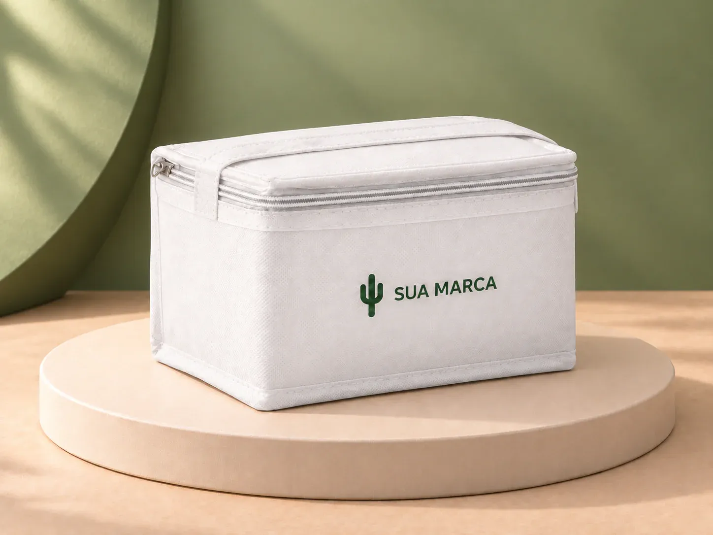 Bolsa térmica 3 litros em non-woven, com exemplo de personalização colorida: um cacto e o texto “SUA MARCA” impressos em cor