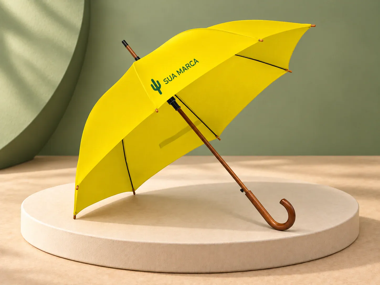 Guarda-chuva em poliéster pongee 190T, com exemplo de personalização colorida: um cacto e o texto “SUA MARCA” impressos em cor
