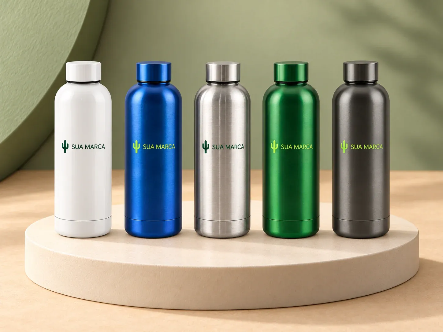 Garrafa em aço inox reciclado 550 ml, com exemplo de personalização colorida: um cacto e o texto “SUA MARCA” impressos em cor