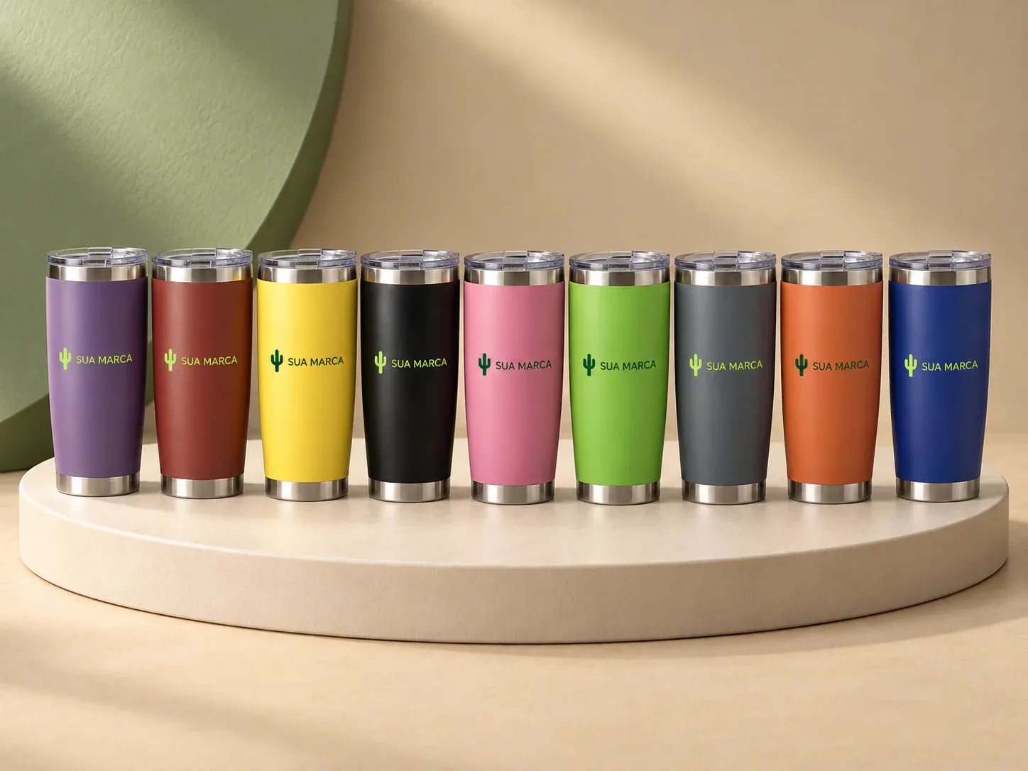 Copo térmico 500 ml, com exemplo de personalização colorida: um cacto e o texto “SUA MARCA” impressos em cor
