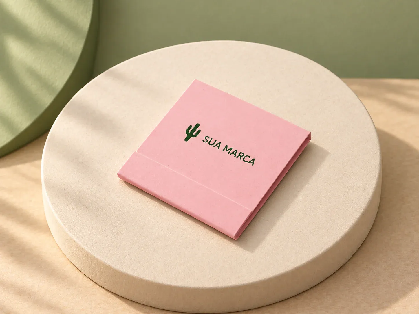 Conjunto de 6 lixas para unhas, com exemplo de personalização colorida: um cacto e o texto “SUA MARCA” impressos em cor