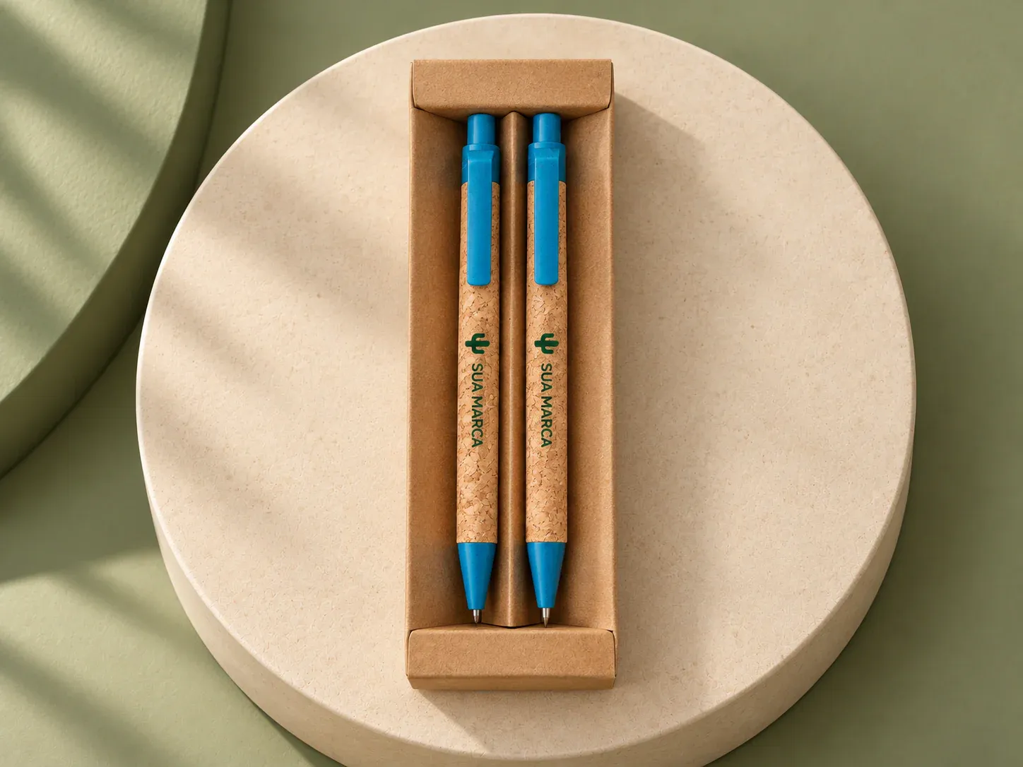 Kit ecológico caneta e lapiseira em cortiça, com exemplo de personalização colorida: um cacto e o texto “SUA MARCA” impressos em cor