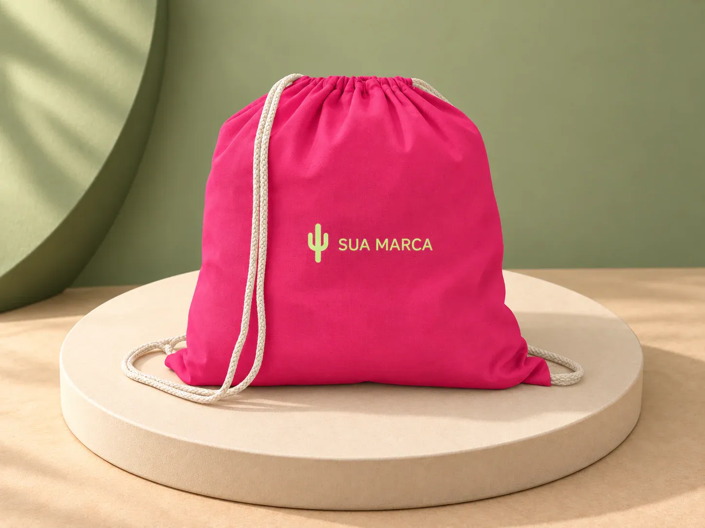 Sacola tipo mochila em algodão e poliéster reciclados, com exemplo de personalização colorida: um cacto e o texto “SUA MARCA” impressos em cor