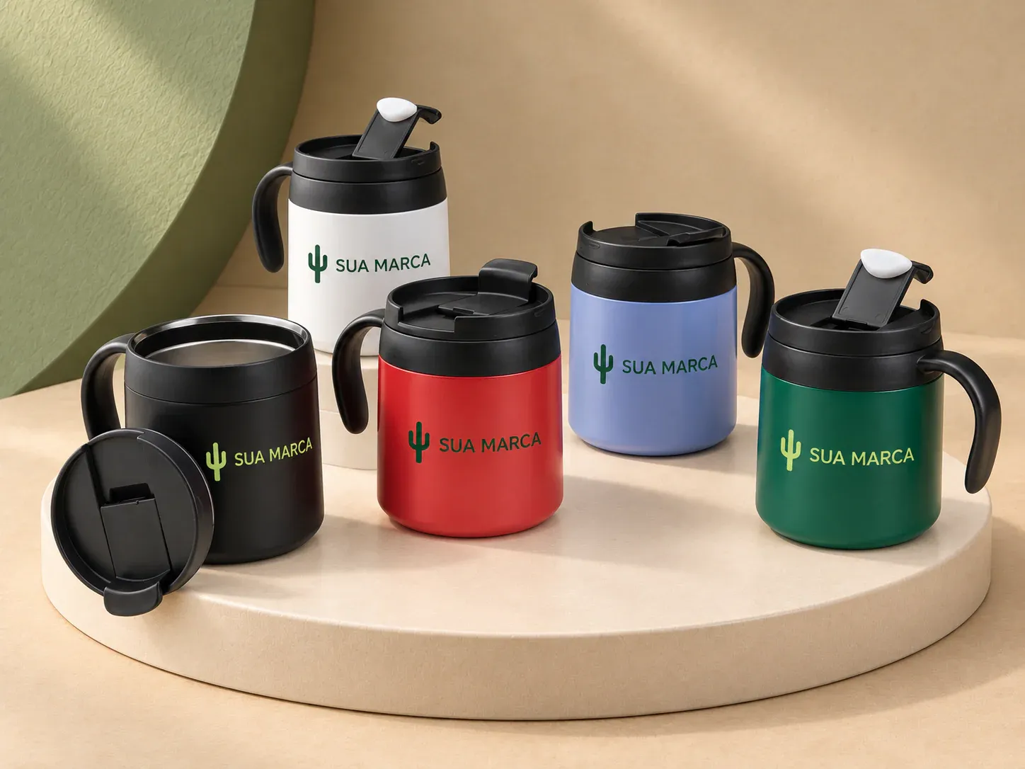 Caneca térmica 350 ml, com exemplo de personalização colorida: um cacto e o texto “SUA MARCA” impressos em cor