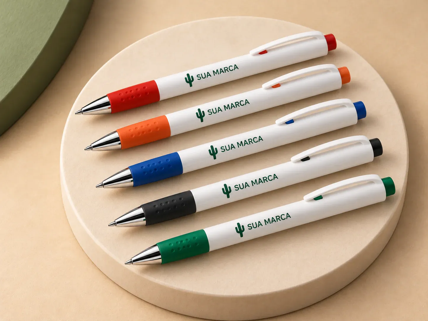 Caneta plástica, com exemplo de personalização colorida: um cacto e o texto “SUA MARCA” impressos em cor