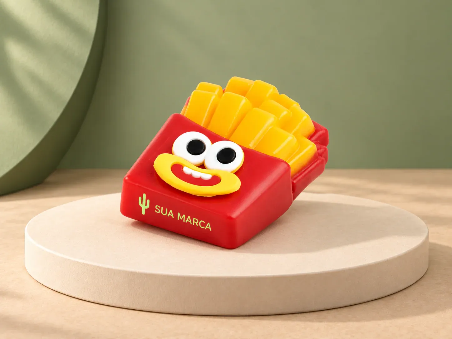 Batata frita apertável antiestresse, com exemplo de personalização colorida: um cacto e o texto “SUA MARCA” impressos em cor
